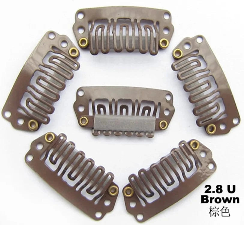 Brown 1000pcs 28mm Blonde/Brown/Black Silicone Hair Extension Wig Comb Clip 6 Teeth U-Shaped Metal Clip for Wig Making
