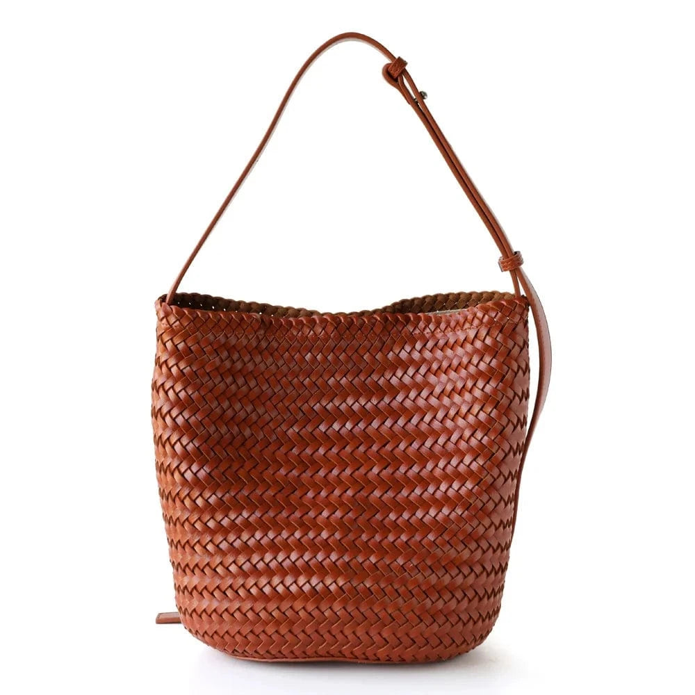 Brown / 18*14*26CM Luxury Vintage PU Leather Braided Bucket Bag for Women New High-End Hand-Woven Single-Shoulder Crossbody Bag Foldable Durable