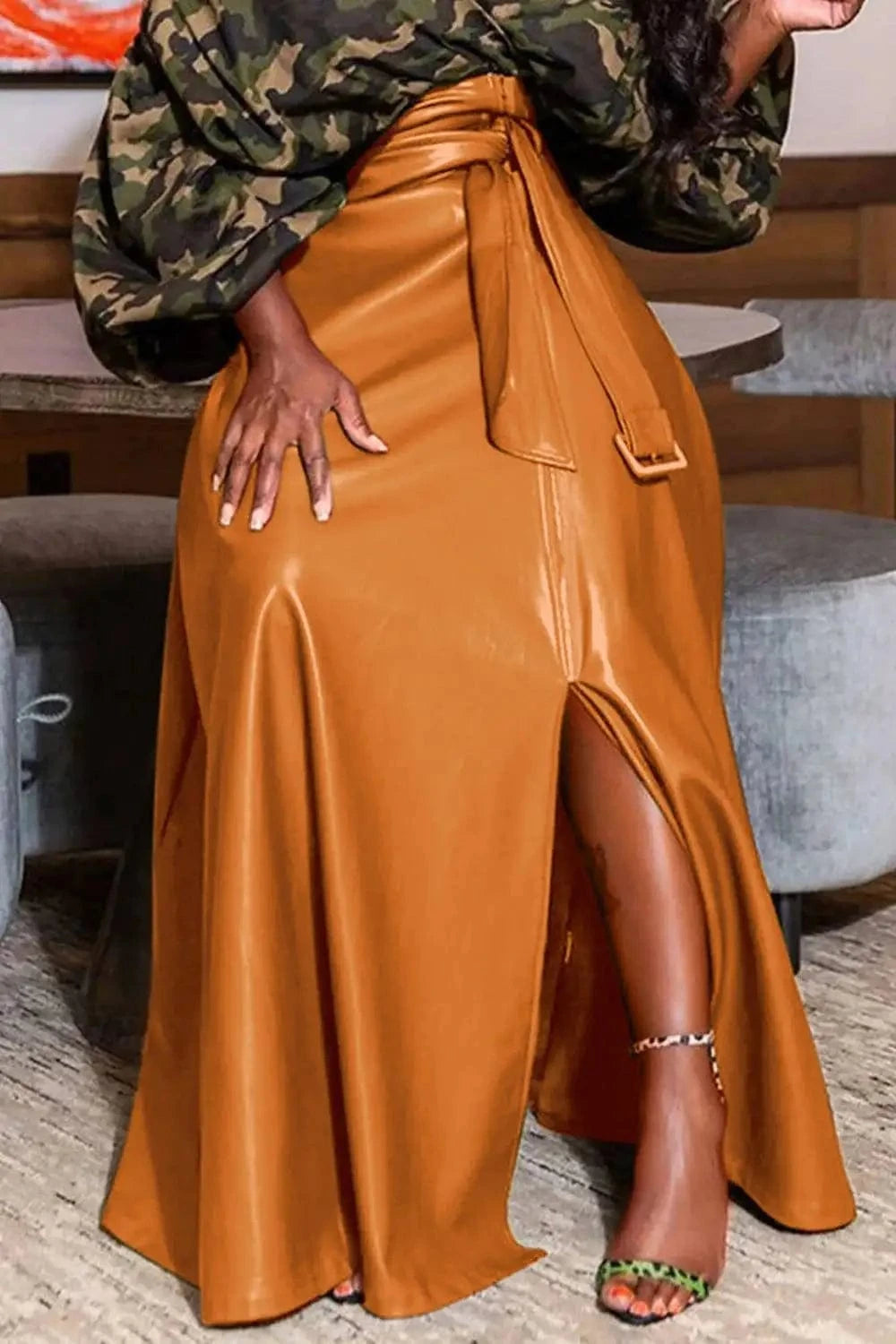 Brown / 1XL Plus Size Semi Formal Skirt Brown Casual Fall Winter Long Split PU Leather Skirt