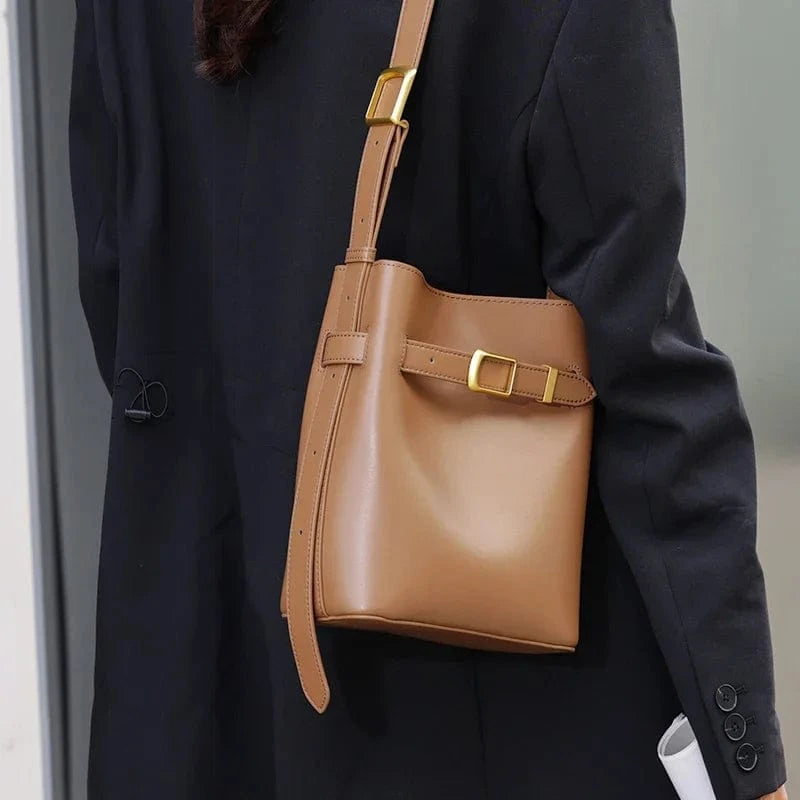 Brown / 22x8x18cm Cow Split Leather Bucket Bag Women Vintage messenger High Quality Simple Handbag Lady Shoulder Bag Luxury Female Crossbody Bags
