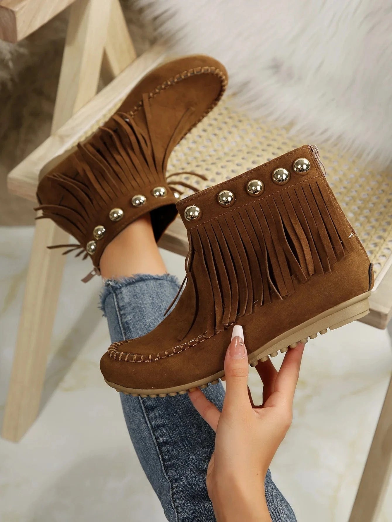 Brown / 37 Women Boots Winter New Vintage Fringe Ankle Boots Women Side Zipper Casual Shoes Round Toe Ladies Snow Boots Zapatos De Mujer