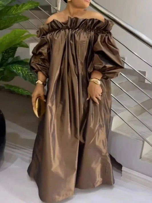 Brown / 4XL Beautyblue Plus Size Dresses Women Off-the-shoulder Maxi Dress Loose Elastic Puff Sleeve Oversized Brown New Elegant Robe Female