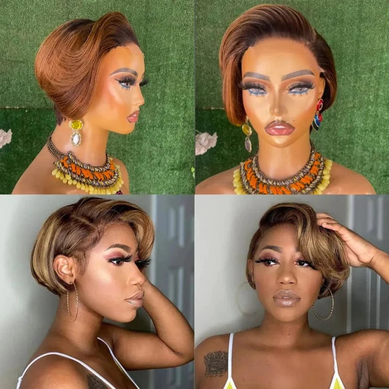 Brown / 8 Inches 8-10" 13x4 Colored Virgin Brazilian Human Hair Wigs Short Cut Blonde 613 Pixie Human Hair Wig