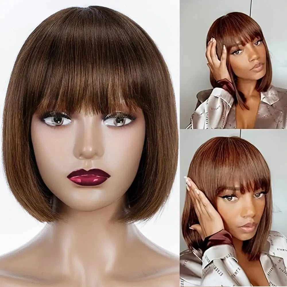 Brown / CHINA / 10inches|150% Human Hair Short Bob Wigs With Bangs Straight Hair Fringe Bob Wig for Women #4 Chocolate Brown #99j Dark Red Full Machine Wigs