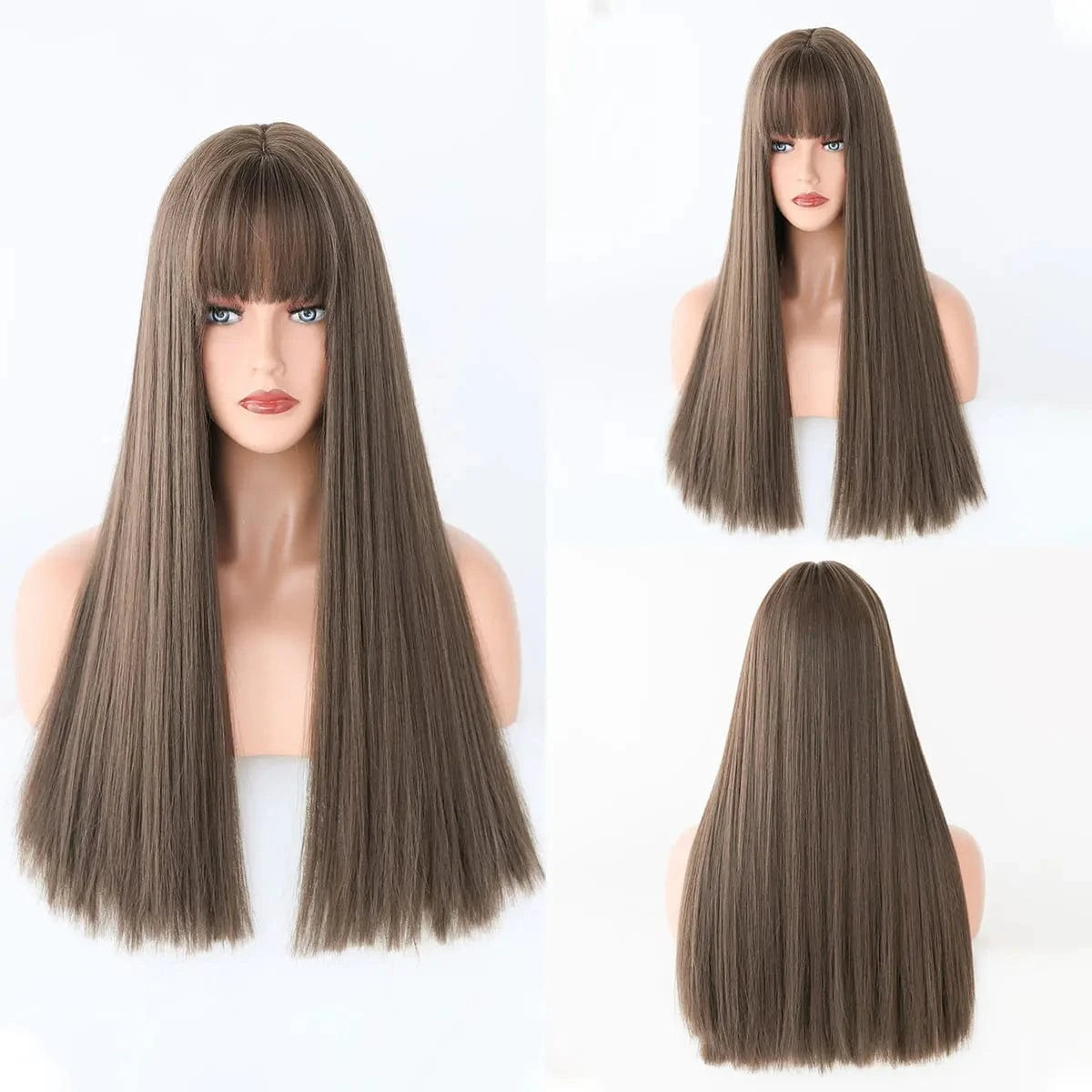 Brown Highlights Pink Wig with Bangs Long Straight Wigs for Women,Heat Resistant Light Pink Synthetic Wigs Black Pink Hair