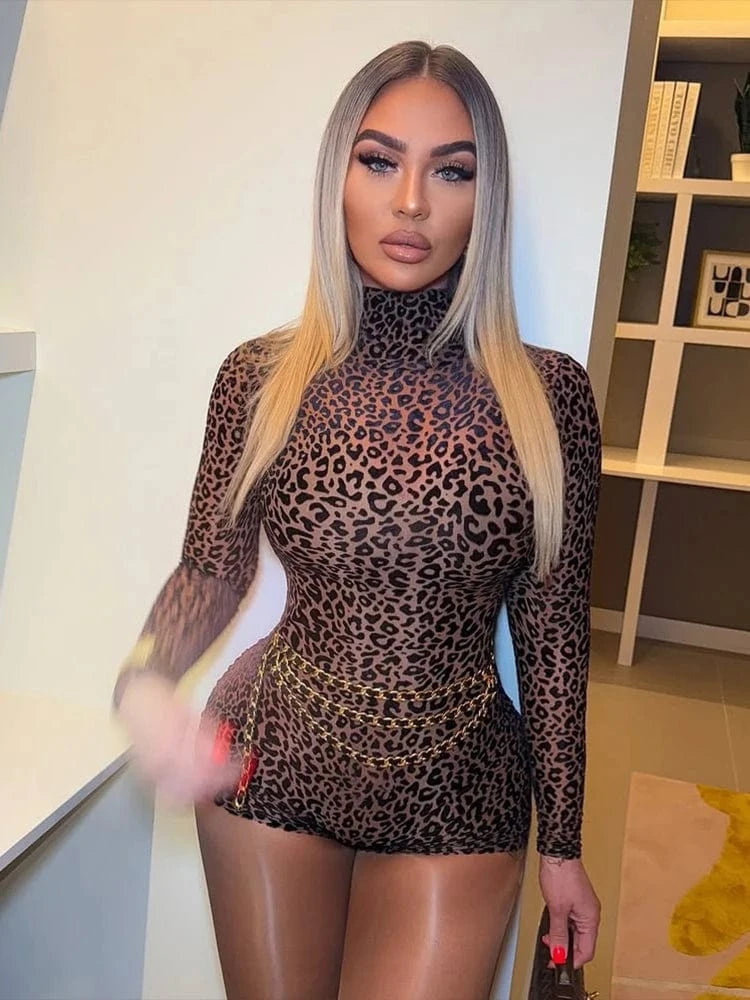 Brown / L Weird Puss Leopard Print Romper Women See Through Sexy Full Sleeve Turtleneck Fall Fit Skinny Playsuit Stretch Midnight Clubwear