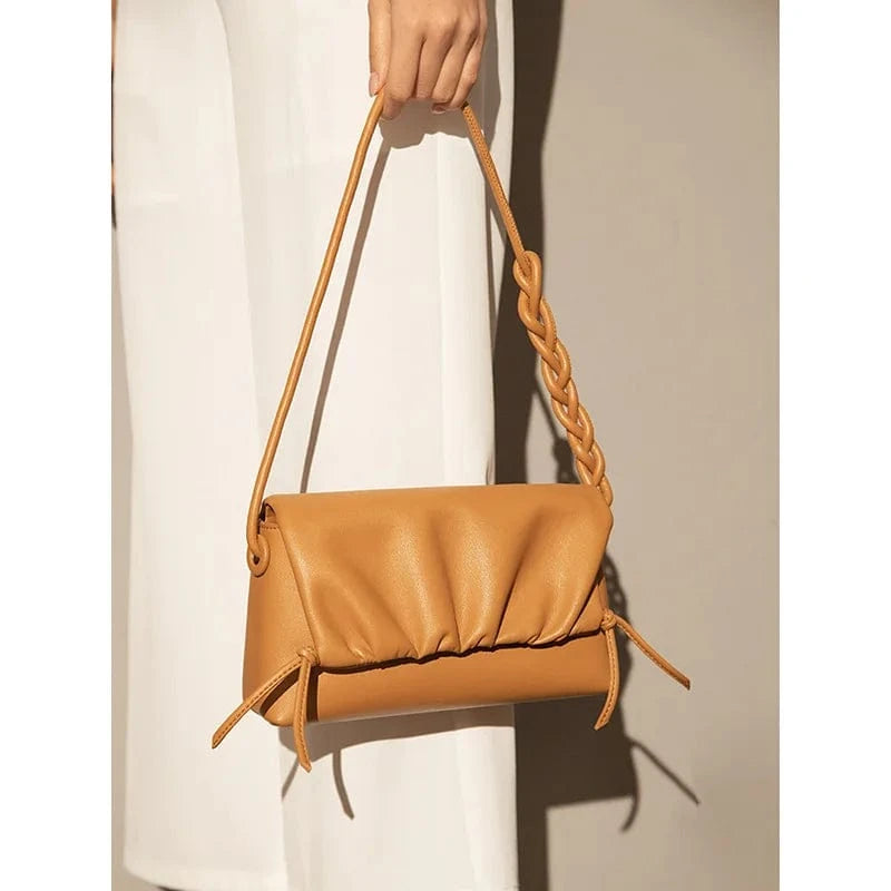 Brown Portable Cowhide Leather Underarm Bag Fashion Drawstring Crossbody Bag Luxury Design Genuine Leather Shoulder Bags for Women