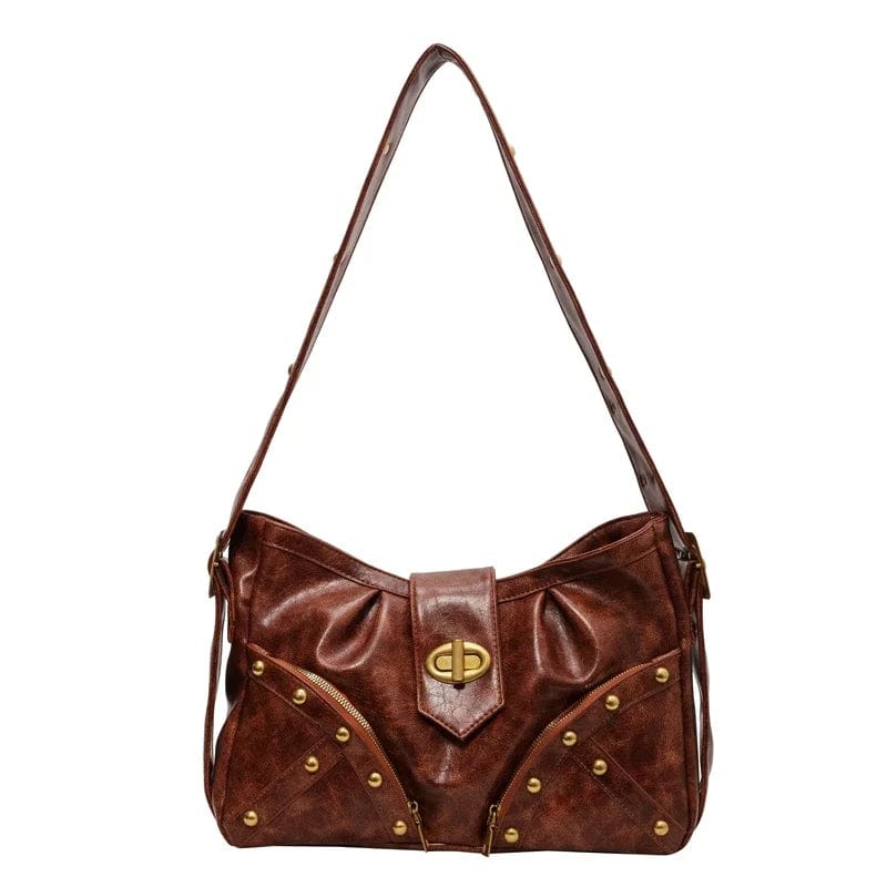 Brown Rivets Design Retro Shoulder Bags for Women 2024 PU Leather Vintage Ladies Handbags Female Crossbody Bags