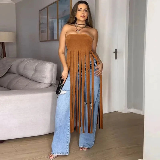 Brown / S Doyerl Tassel Fringed Tube Strapless Tops Woman 2025 Y2K Clothes Harajuku Birthday Night Club Party Gothic Blusas Elegantes