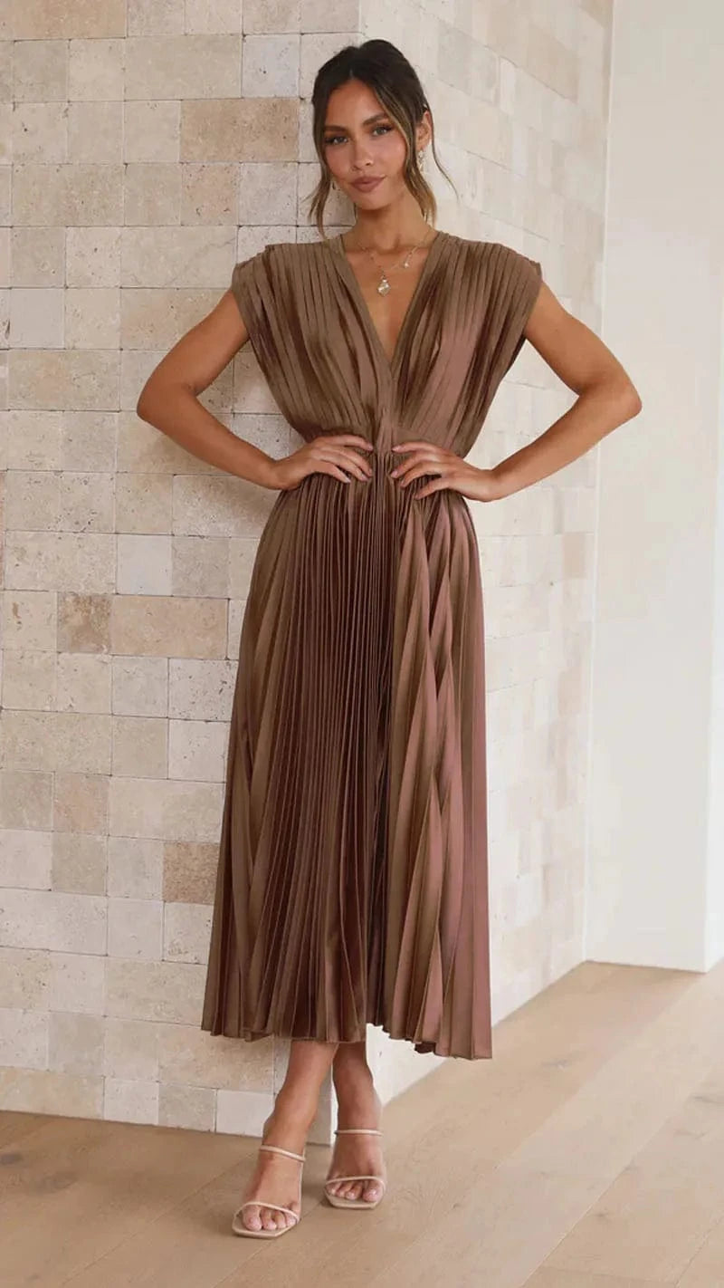 Brown / S Elegance Draped V-Neck Pleated Skirt Dress 2025 Women Solid Strapless Backless Patchwork Loungewear Simple Maxi Dress