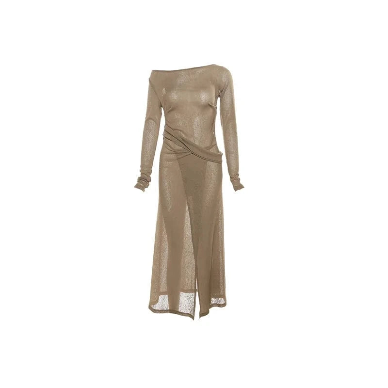 Brown / S Sylcue Solid Color Simple Casual Fashionable Personality Sexy Mature Beautiful Confident Summer Party Women's Long Sleeve Dress