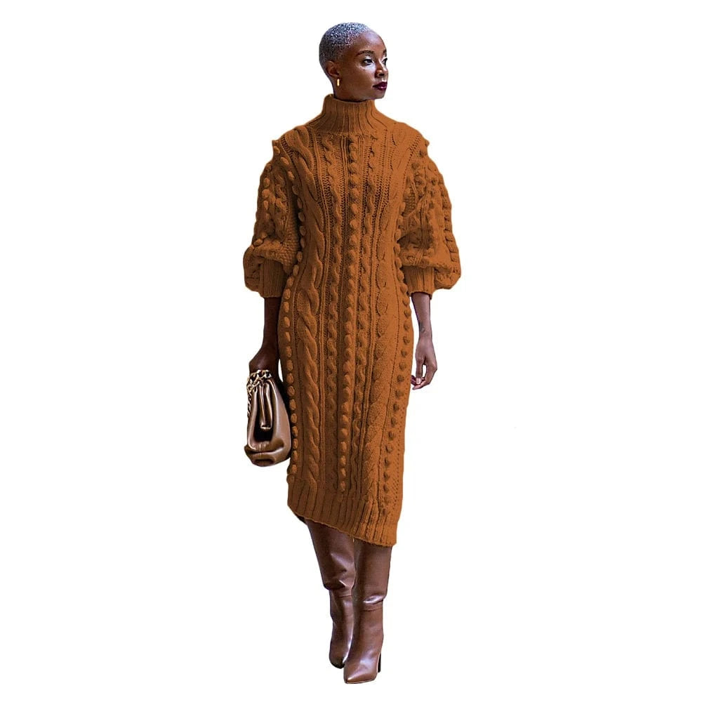 Brown / S Womens Knitted Dresses High Neck Long Sleeve Sweater Dress with Split Ladies Vintage Knit Midi Dress Casual Fashion Winter