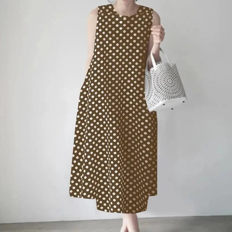Brown / S ZANZEA Bohemian Point Dot Printed Dress Women Summer Vestidos 2024 Elegant Sexy Sleeveless Casual Loose Vintage Beach Sundress