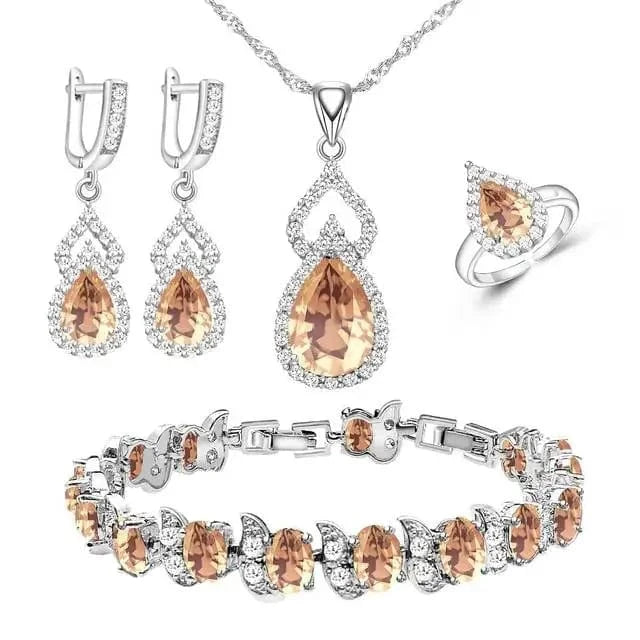 Brown Women Silver 925 Custom Jewelry Sets Red Garnet Earrings Necklace Open Ring Bracelets Set for Mom/Wife/Friend