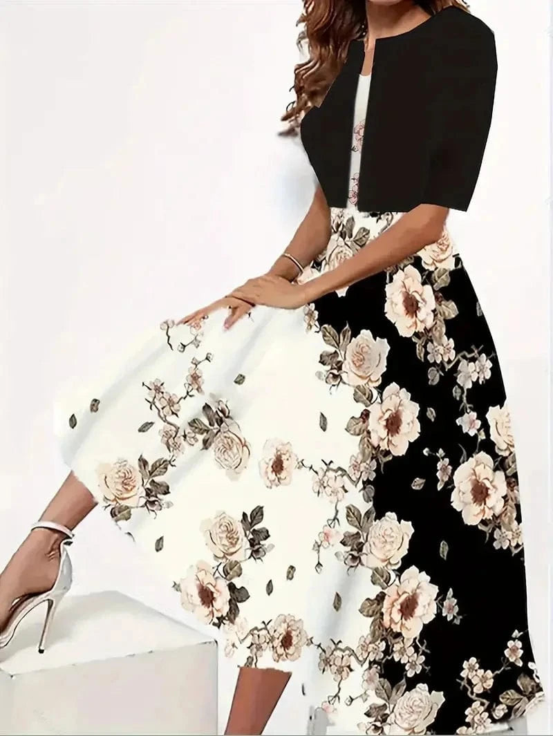 Brown / XL 2024 Europe and the United States autumn new women's long dress two-piece set of floral print round neck dress coat women