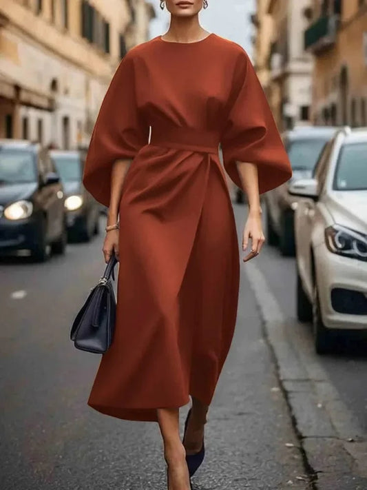 BROWN / XXL Beautyblue Long Dress for Women Fashion Summer Elegant Dresses 2025 New Round-Neck Puff Sleeves Pleated Party Evening Dress