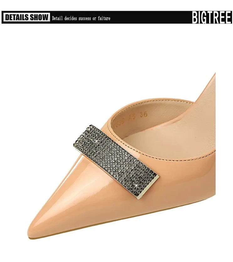 Btree 34-40 Banquet women's shoes Fine heeled patent leather pointed side hollowed out rhinestone metal decorative high heels