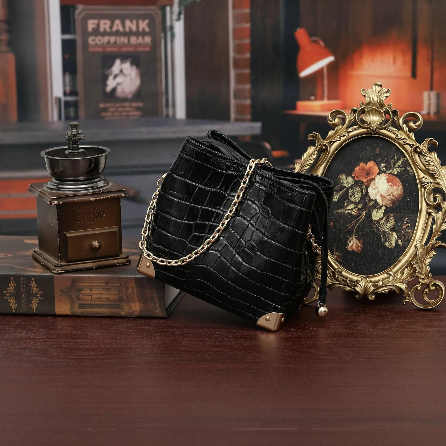 Bucket Bag Crocodile Leather Chain Strap Classic Style - SN Wigs & More