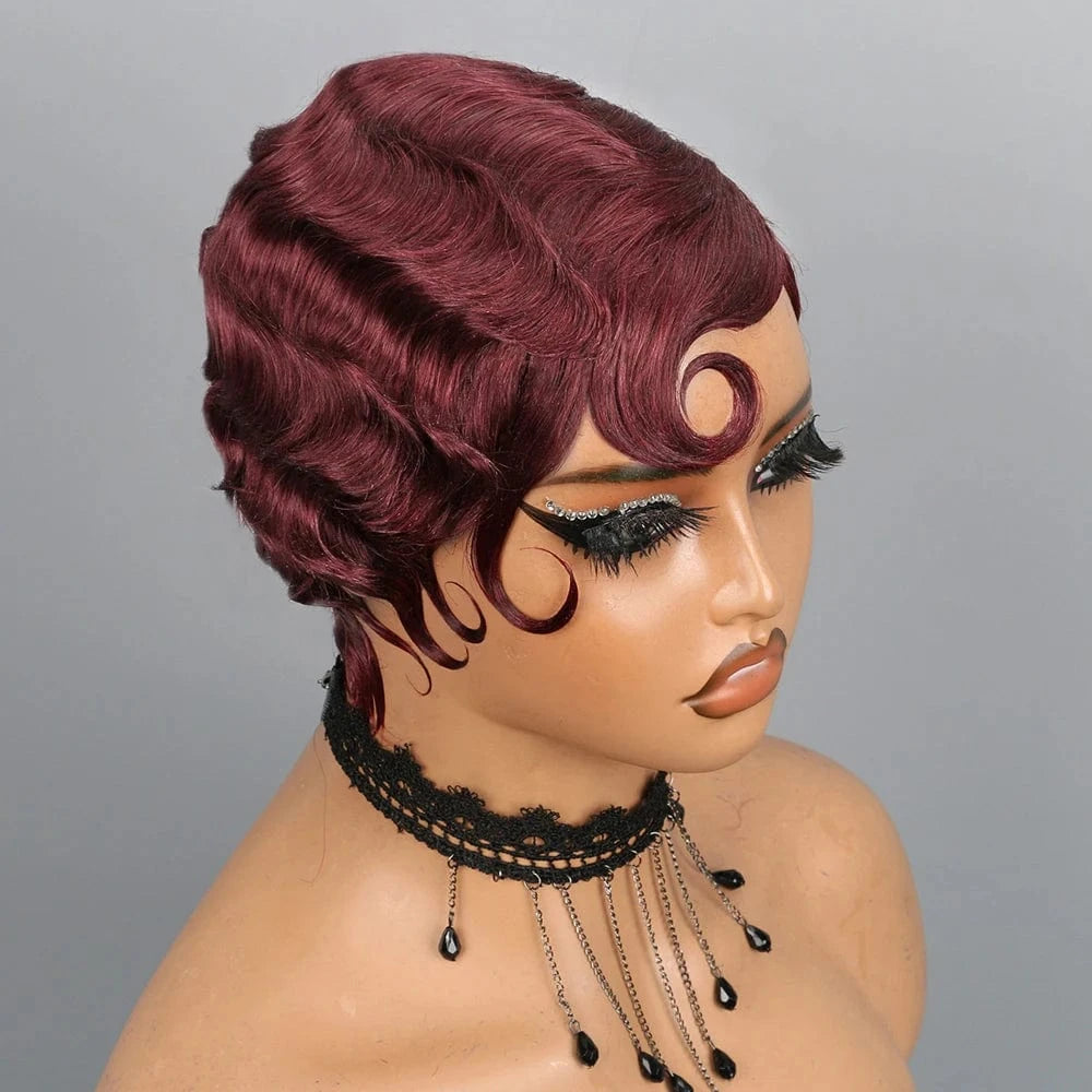 BUG / CHINA / 6inches|1Pcs/Lot Short Finger Wave Wig Human Hair Wigs For Women 180% Density Brown Short Ocean Wave Wig Pixie Cut Wigs for Woman Natural Look