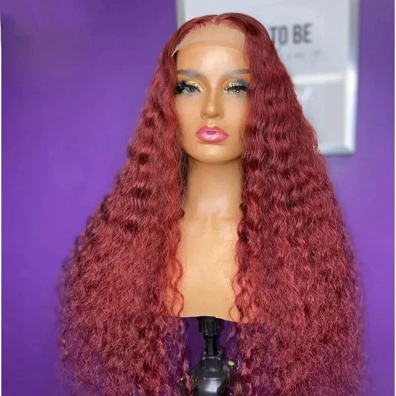 Bug Deep Curly / 8 Inches / 13x4 Burgundy Red Color Body Wave Cuticle Aligned Human Hair Transparent Lace Front Wigs for Women