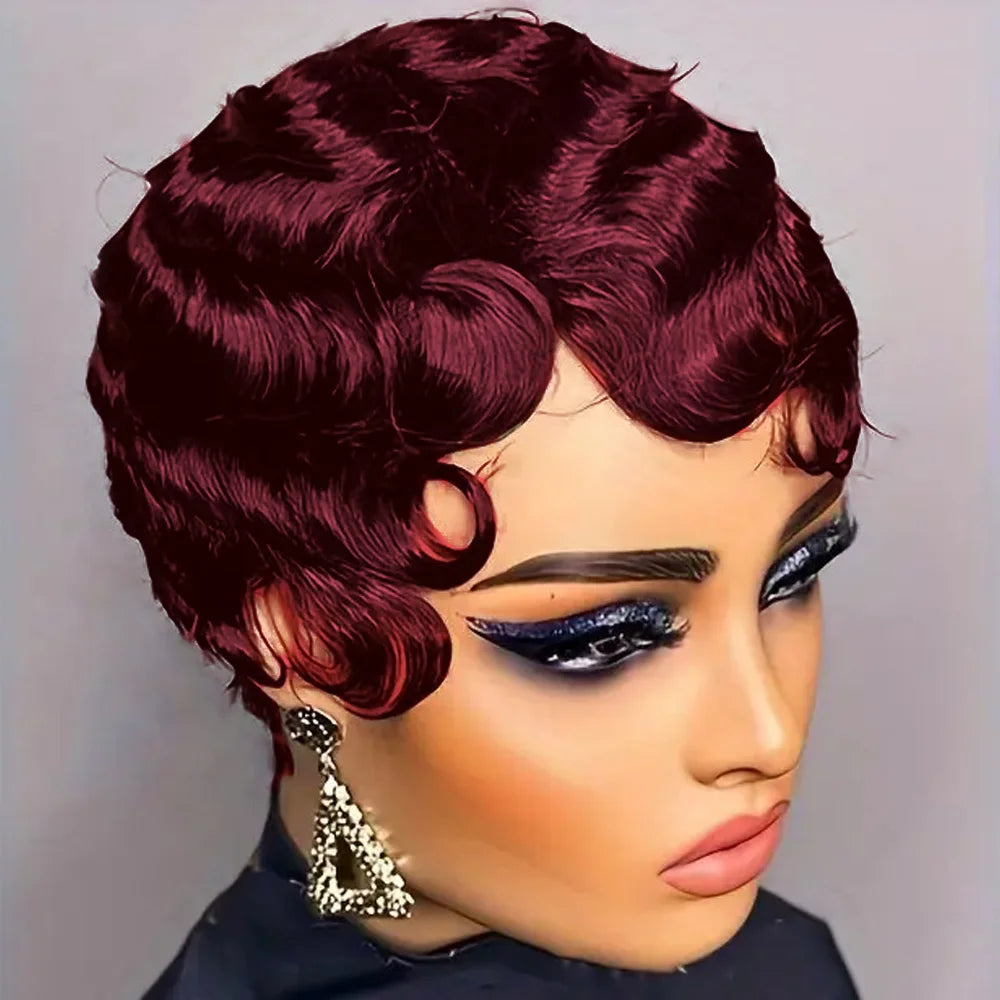 BUG / United States / 6inches|1Pcs/Lot Short Finger Wave Wig Human Hair Wig For Women Brown Short Ocean Wave Wig Pixie Cut Wigs for Woman Natural Color