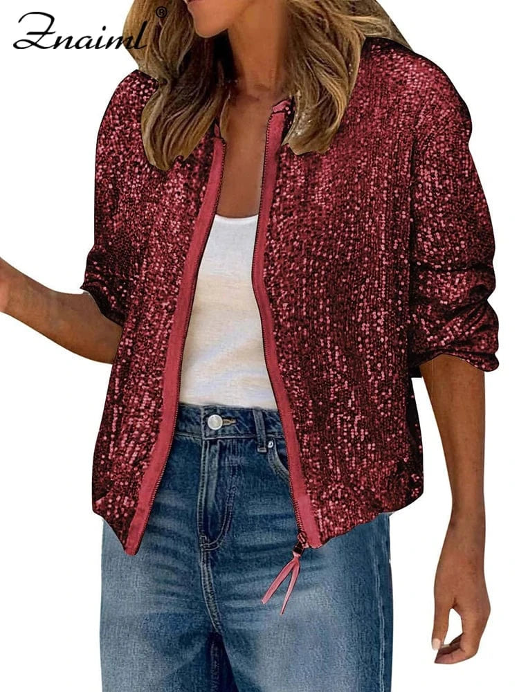 burgundy coats / XXL Znaiml Women Luxury Sequin Jacket Y2k Harajuku Green Color Zipper Long Sleeve Short Coat Autumn Winter Ladies Night Clubwear New