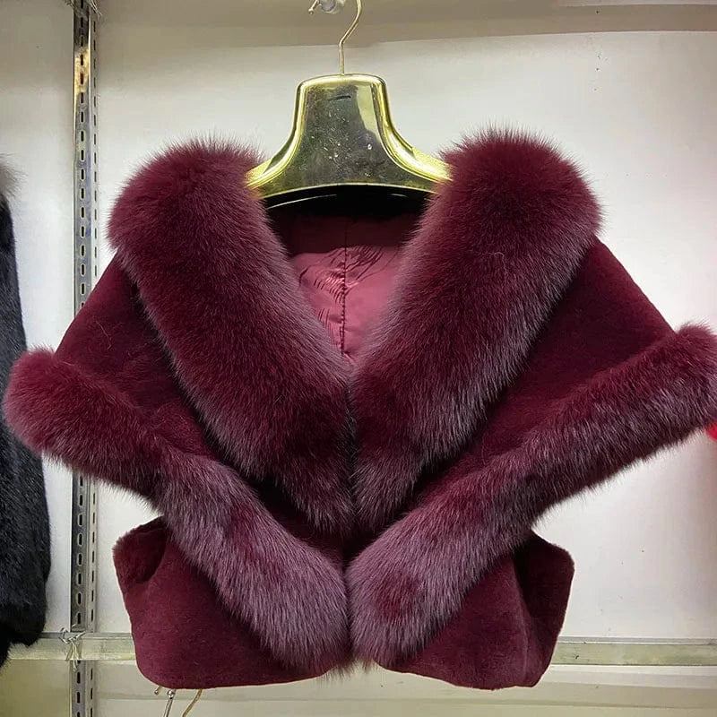 Burgundy MWfur Fur Coat Short Women Fashion Luxury Fox Fur Trimmed Rex Rabbit Cape for Women