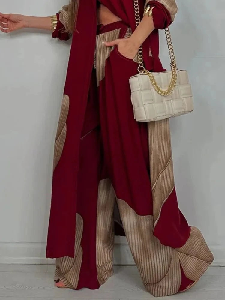 Burgundy Pants / S Beautyblue Elegant Women's Pants Floral Printed Trousers Casual Loose Contrast Color Drawstring Elasticity Wide Leg Pants Female