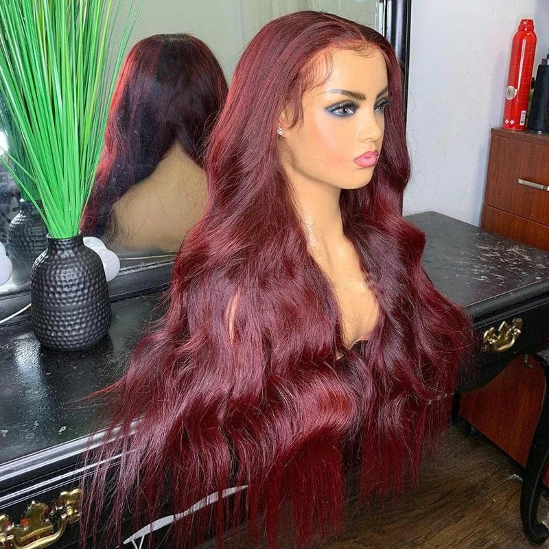 Burgundy Red Color Body Wave Cuticle Aligned Human Hair Transparent Lace Front Wigs for Women