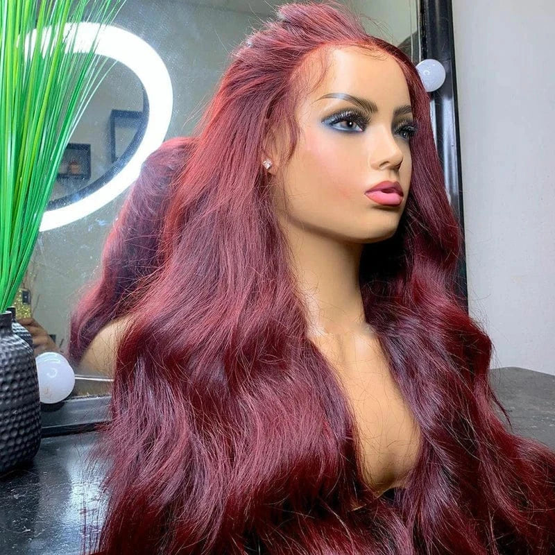 Burgundy Red Color Body Wave Cuticle Aligned Human Hair Transparent Lace Front Wigs for Women