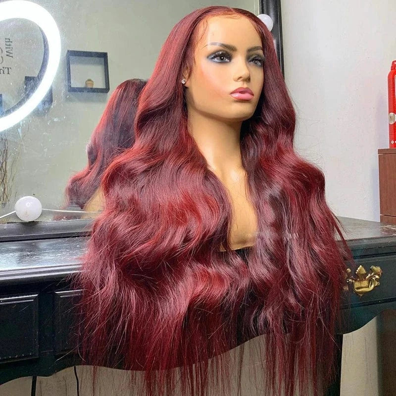 Burgundy Red Color Body Wave Cuticle Aligned Human Hair Transparent Lace Front Wigs for Women