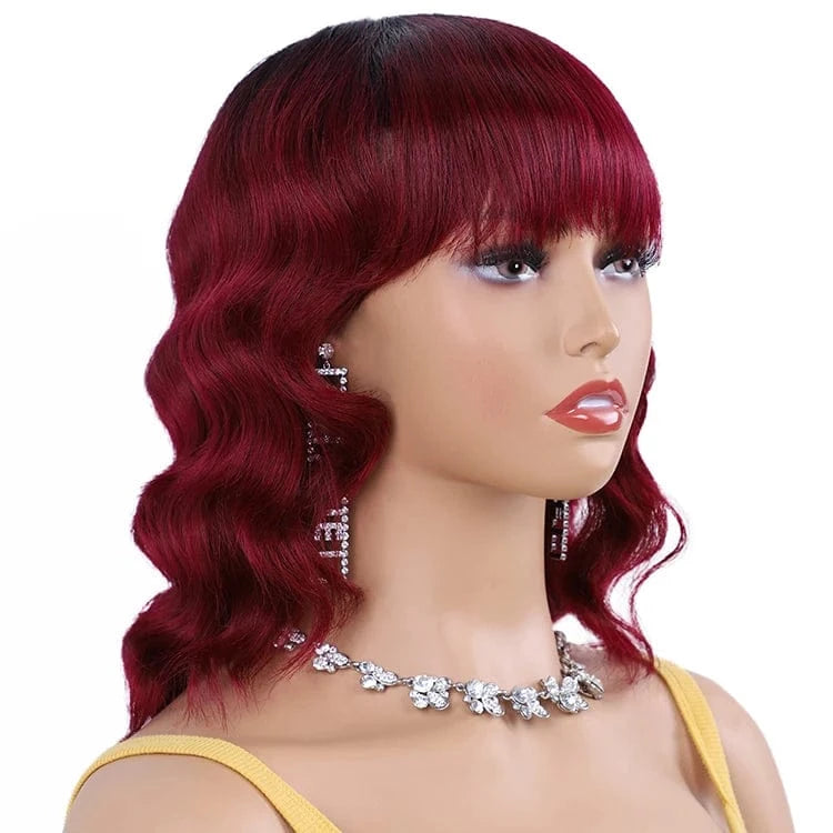 Burgundy Red Wig with Bang, 100% Human Hair Wigs For Black Women, Full Machine Made Lace Front Wigs Short Wavy Human Hair Wig