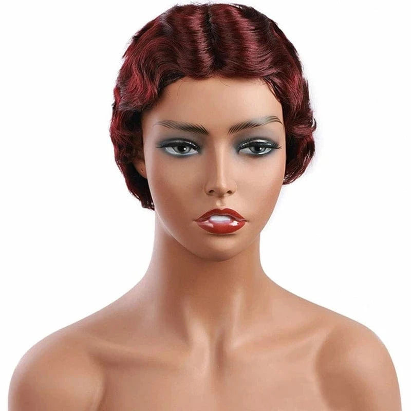 Burguny / 4 Inches Cheap Brazilian Remy Hair Short Wet and Wavy Pixie Cut Wig Ocean Wave Finger Wave None Lace Human Hair Wig for Black Women