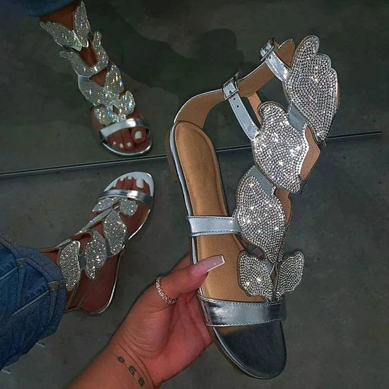 BUSY GIRL AL8084 Ladies sandals new design strap diamond black silver gold flat summer sandals women