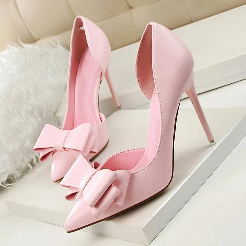 BUSY GIRL DS2161 White stiletto heel pointed toe high heels pumps dress shoes wtih bow bridal d'orsay pump shoes for women