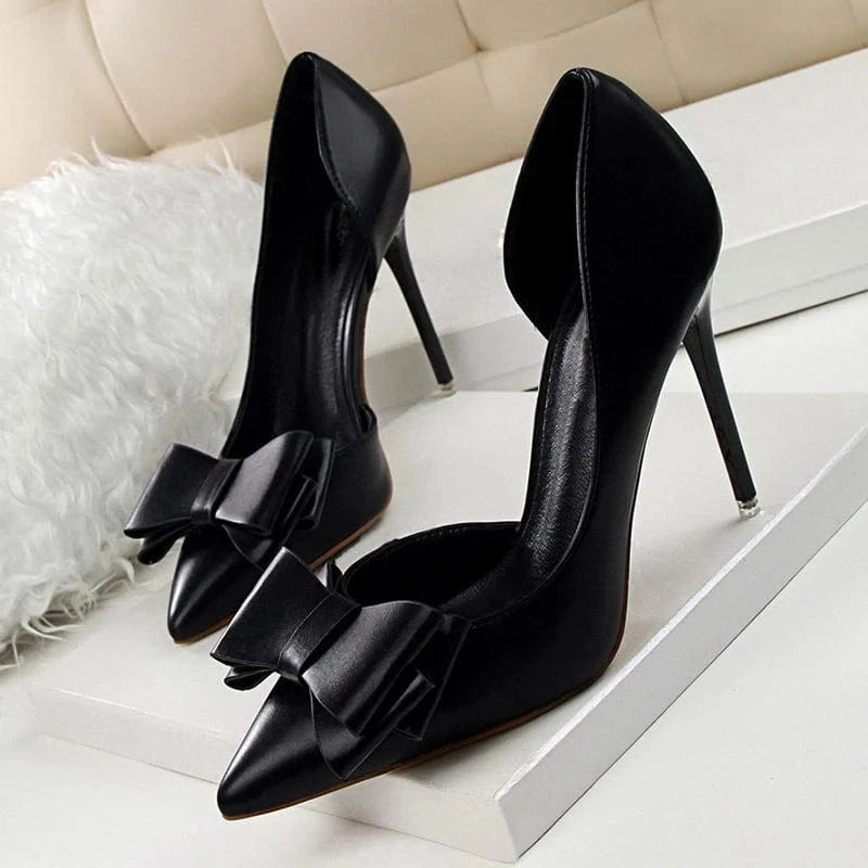 BUSY GIRL DS2161 White stiletto heel pointed toe high heels pumps dress shoes wtih bow bridal d'orsay pump shoes for women