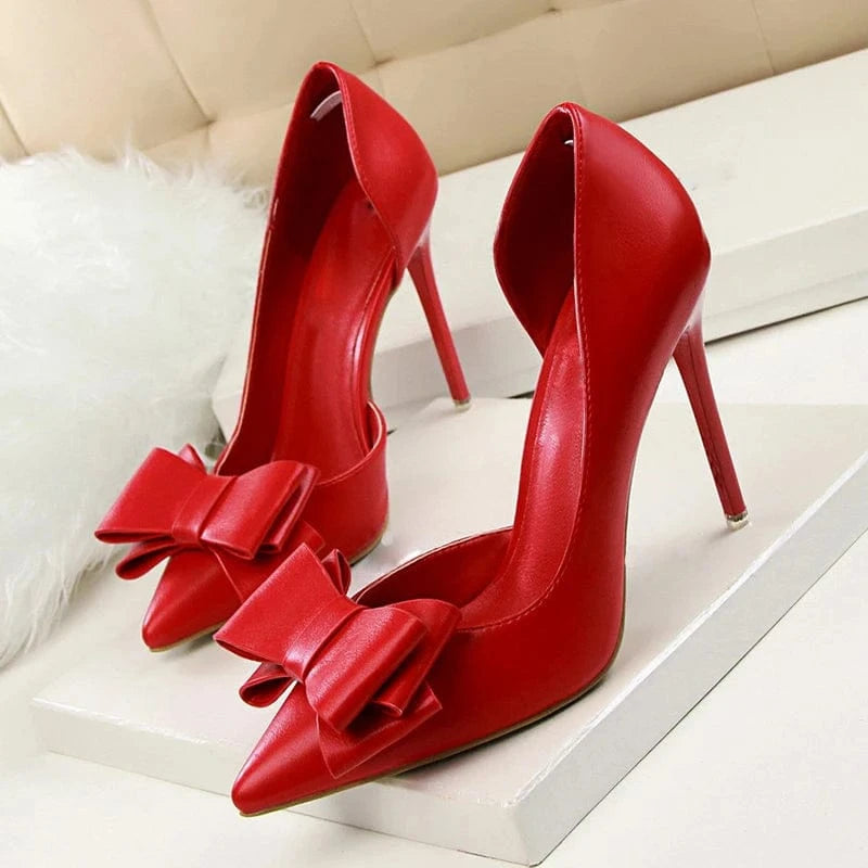 BUSY GIRL DS2161 White stiletto heel pointed toe high heels pumps dress shoes wtih bow bridal d'orsay pump shoes for women