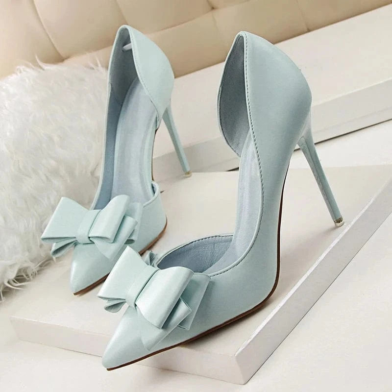 BUSY GIRL DS2161 White stiletto heel pointed toe high heels pumps dress shoes wtih bow bridal d'orsay pump shoes for women
