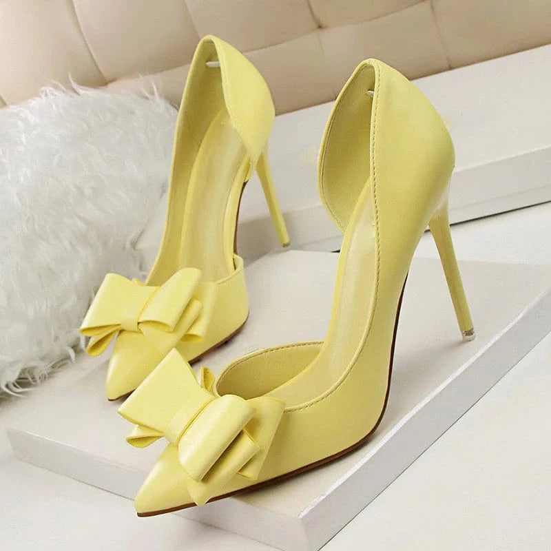 BUSY GIRL DS2161 White stiletto heel pointed toe high heels pumps dress shoes wtih bow bridal d'orsay pump shoes for women