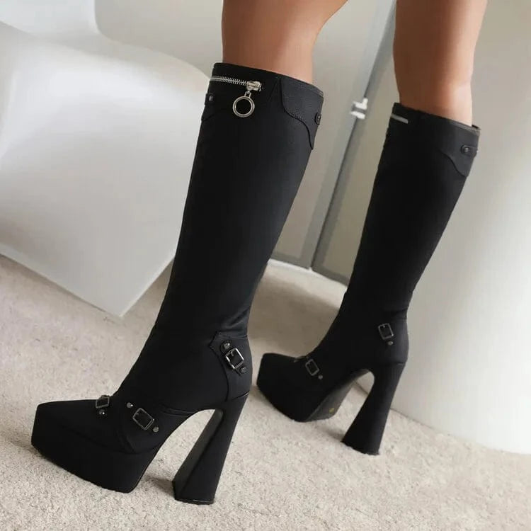 BUSY GIRL MF4112 Knee High Boots for Women Chunky High Heels Platform Fashion Square Buckle Pointed Toe PU Winter Ladies Shoes