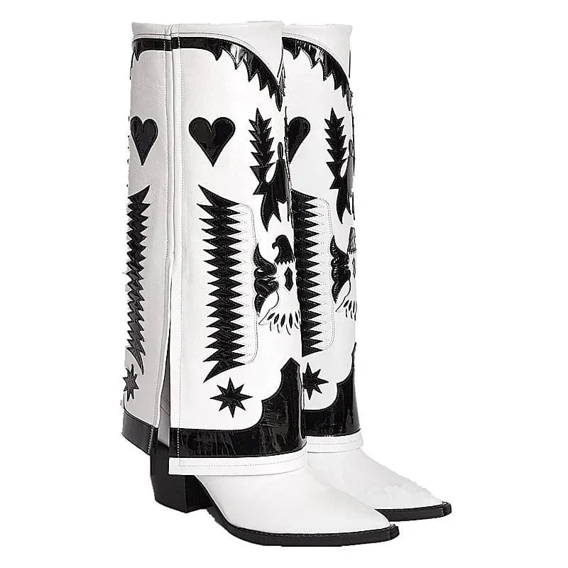 BUSY GIRL MY4318 Wide Leg Boots Women Shoes White Chunky High Heels Knee High Embroidery Boots Fold Over Slip on Long Booties