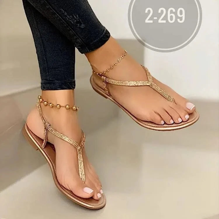 BUSY GIRL MZ01 Flat Sandals Rhinestone Sandals For Women Leather Flip Flop 2024 Golden Slide Sandals