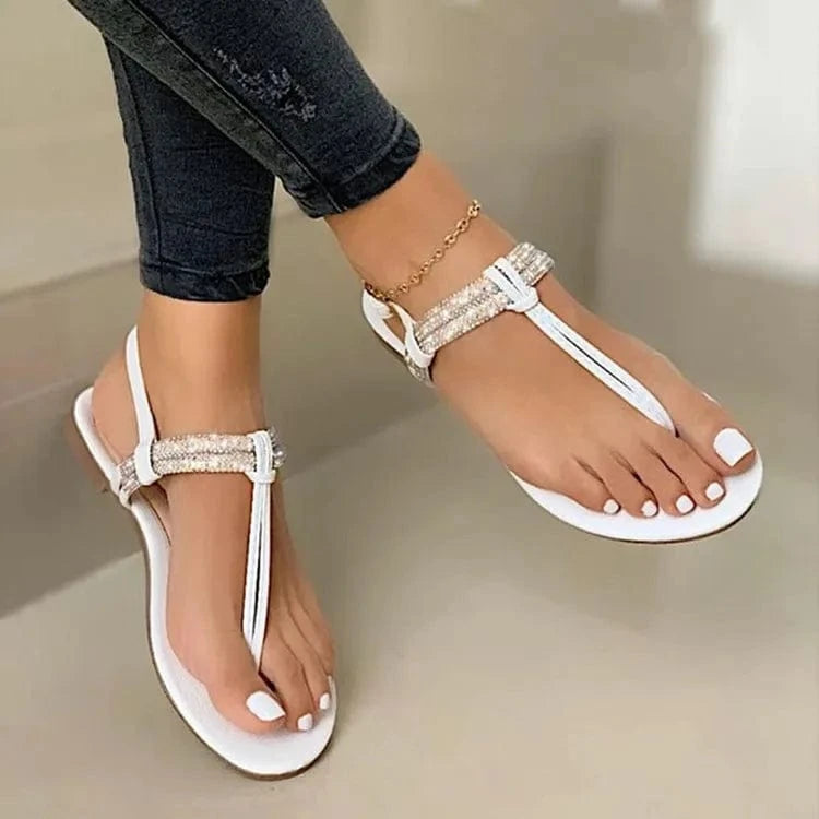BUSY GIRL MZ01 Flat Sandals Rhinestone Sandals For Women Leather Flip Flop 2024 Golden Slide Sandals