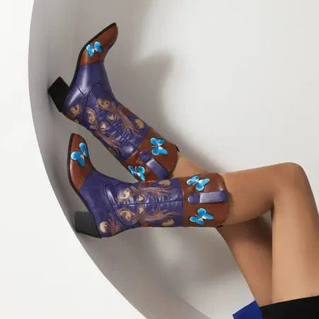 BUSY GIRL Purple Leather Cowboy Boots Winter Women Shoes Blue Embroidery Butterfly Chunky High Heels Mid Calf High Quality Lady