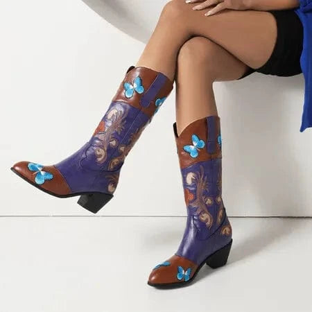 BUSY GIRL Purple Leather Cowboy Boots Winter Women Shoes Blue Embroidery Butterfly Chunky High Heels Mid Calf High Quality Lady