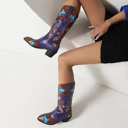 BUSY GIRL Purple Leather Cowboy Boots Winter Women Shoes Blue Embroidery Butterfly Chunky High Heels Mid Calf High Quality Lady