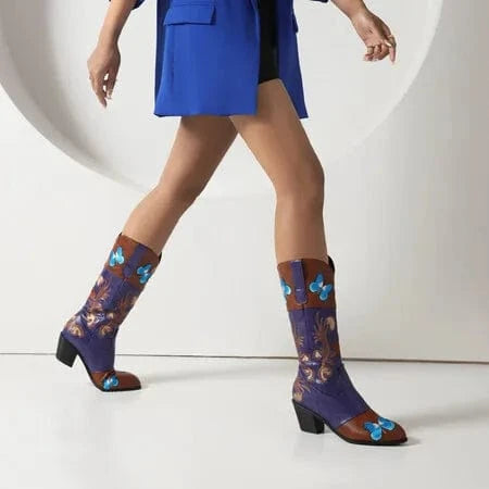 BUSY GIRL Purple Leather Cowboy Boots Winter Women Shoes Blue Embroidery Butterfly Chunky High Heels Mid Calf High Quality Lady