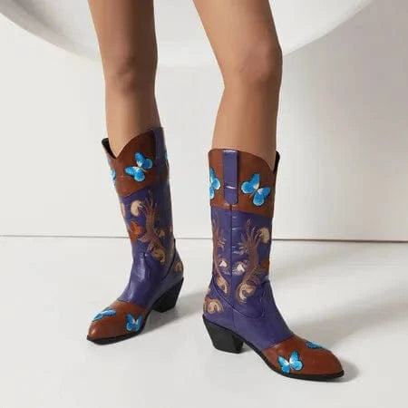 BUSY GIRL Purple Leather Cowboy Boots Winter Women Shoes Blue Embroidery Butterfly Chunky High Heels Mid Calf High Quality Lady