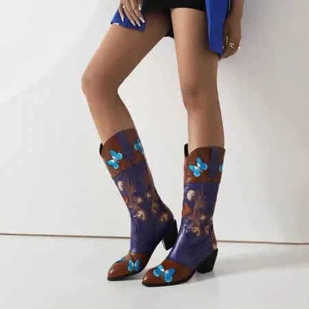 BUSY GIRL Purple Leather Cowboy Boots Winter Women Shoes Blue Embroidery Butterfly Chunky High Heels Mid Calf High Quality Lady