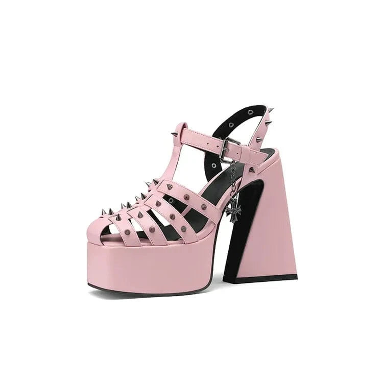 BUSY GIRL SL4935 pink white rivet women sandals chaussures pour femmes gothic shoes thick heels for ladies platform sandals